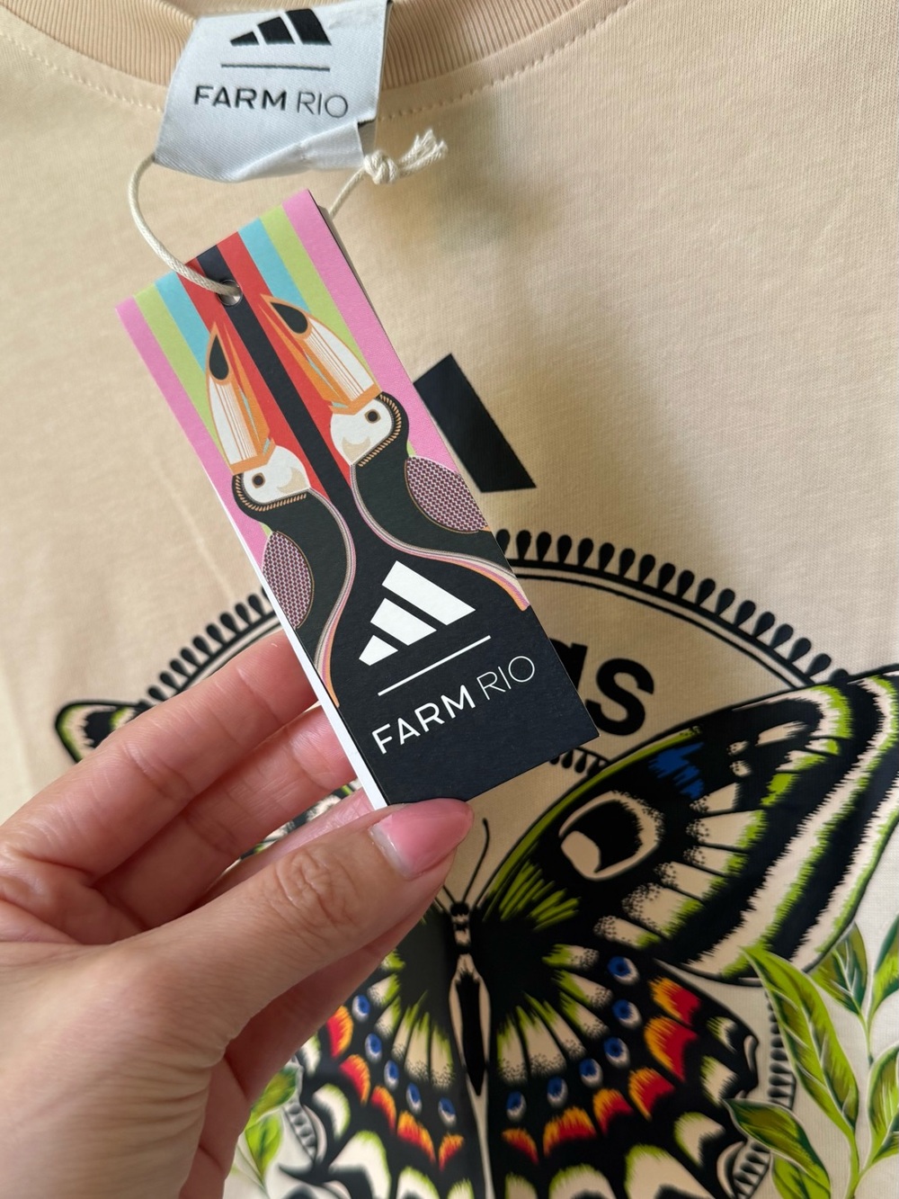 Adidas x Farm Rio Beige Butterfly Graphic Women’s T‑Shirt - Picture 2 of 9
